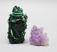 A Chinese malachite snuff bottle and a Chinese amethyst quartz group of Li Bai