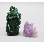 A Chinese malachite snuff bottle and a Chinese amethyst quartz group of Li Bai
