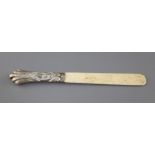 A late Victorian silver letter opener with bone blade, Henry Matthews, Birmingham 1897, 22cm.