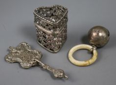 A late Victorian silver aide memoire (ex chatelaine), a child's rattle and white metal scent