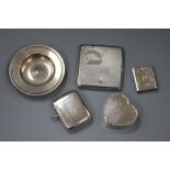 Two silver vestas, a silver heart shaped pill box, a silver cigarette case and a small silver Armada