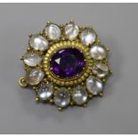 A late Victorian yellow metal, amethyst and moonstone set circular pendant brooch, 31mm.