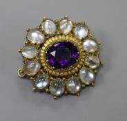 A late Victorian yellow metal, amethyst and moonstone set circular pendant brooch, 31mm.
