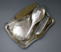 Four piece silver mounted dressing table set, plated tray and jar (6)