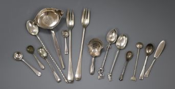 Assorted silver and other flatware including George III silver caddy spoon.