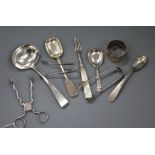 A pair of Georgian silver sugar nips and sundry small silver including sauce ladle, napkin ring,