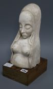 A plaster bust of a bare breasted woman by Rochael Hoffenberg height 35cm excl. base