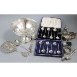 A silver presentation footed bowl and sundry small silver, white metal and plated items, including a