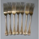 A set of seven George IV silver Old English pattern table forks, London, 1825, 13.5 oz.