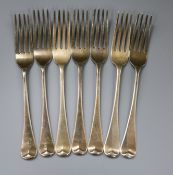 A set of seven George IV silver Old English pattern table forks, London, 1825, 13.5 oz.