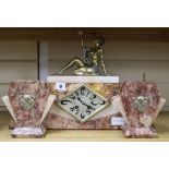 An Art Deco rose marble mantel clock garniture with bronze figure height 31cm