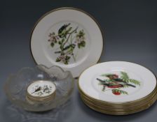 Eight Coalport ornithological plates, six coasters and a cut glass bowl