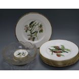 Eight Coalport ornithological plates, six coasters and a cut glass bowl