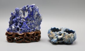 A Chinese lapis lazuli 'dragon-fish' group, wood stand and a brush washer