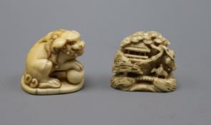 A Japanese ivory netsuke of a shi shi, signed Gyokuyosai and an ivory netsuke of a figure in a