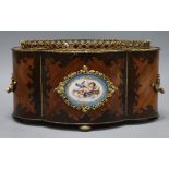 An inlaid French table jardiniere with porcelain plaque length 32cm