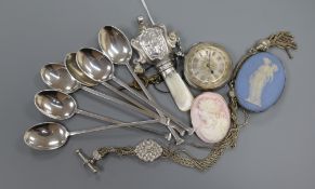 A 9ct. mounted cameo, six silver teaspoons, a silver fob watch, silver baby's rattle etc.