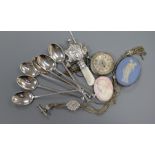 A 9ct. mounted cameo, six silver teaspoons, a silver fob watch, silver baby's rattle etc.