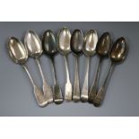 Two sets of four Georgian silver table spoons, London, 1818 and London, 1825, 15 oz.