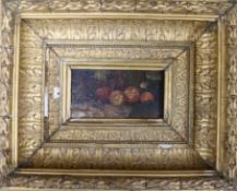 W. Morey, oil on wooden panel, still life of fruit on a ledge, signed and dated 1815, 7 x 13cmex