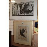 R Hovet, 2 woodblock prints, Dragon and Bird, largest 57 x 77cm
