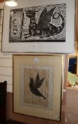 R Hovet, 2 woodblock prints, Dragon and Bird, largest 57 x 77cm