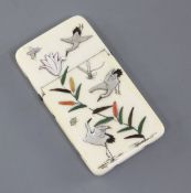 A Japanese shibayama style ivory card case, Meiji period, overlaid with an owl seated on a prunus