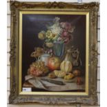 Sopon (?)oil on canvasstill life of fruit, flowers, a coffee pot and cup and a pocket knife on a