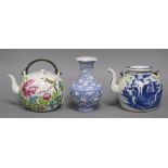 A Chinese famille rose teapot, a blue ground vase and a blue and white teapot, late 19th/early
