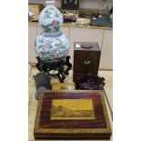 A Chinese famille rose double gourd shaped vase on stand, candlesticks, a Chinese cabinet and boxes