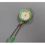 A Swiss silver gilt and enamel Nadine fob watch on gilt metal and enamel chain.