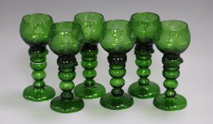 A set of six green etched hock glasses height 18cm