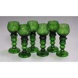 A set of six green etched hock glasses height 18cm