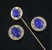 A late 19th/early 20th century French 18ct gold, lapis lazuli and rose cut diamond scarab cravat pin
