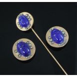 A late 19th/early 20th century French 18ct gold, lapis lazuli and rose cut diamond scarab cravat pin