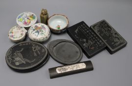 A small group of Chinese porcelain pots, hatpin stands and inkstones