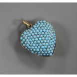 A yellow metal and pave set turquoise heart shaped pendant, 20mm.