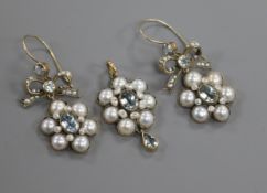 A 9ct gold, aquamarine and split pearl cluster pendant and a pair of matching earrings.