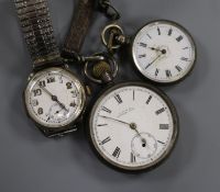 Two silver pocket watches and a gentleman's silver wrist watch.