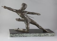 A French Art Deco bronze figure of a javelin thrower, on two colour marble base, signed Decoux,