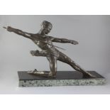 A French Art Deco bronze figure of a javelin thrower, on two colour marble base, signed Decoux,