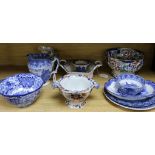 A Cauldon transfer-printed blue and white jug and sugar bowl and sundry other English ceramics,