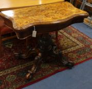 A Victorian burr walnut serpentine fronted folding card table W.92cm