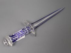 A Murano blue and clear glass dagger length 34.5cm