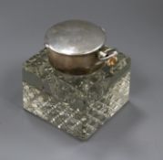 An Edwardian silver mounted cut glass combination inkwell/pocket watch holder, John Collard Vickery,