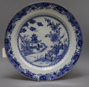 A Chinese 18th/19th century blue and white charger with lattice fence pattern, Dia 38cm