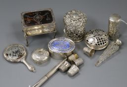 A George V silver pique and tortoiseshell trinket box, sundry decorative silver and other items, the
