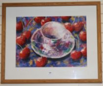 Andy Waite, watercolour, Cherries and tea cup, monogrammed and dated '95, 52 x 73cm