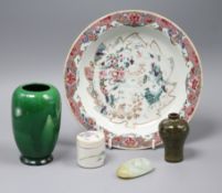 A Chinese famille rose plate, a jar and cover, two small vases and a jade carving dish diameter 21.