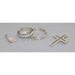 Two 18ct gold and diamond half eternity rings and two diamond set pendants including 9ct white